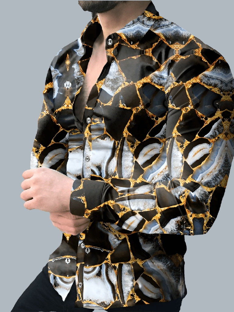 Men's Slim-Fit Long-Sleeved Top, Button-Down Shirt Print Design Outfit