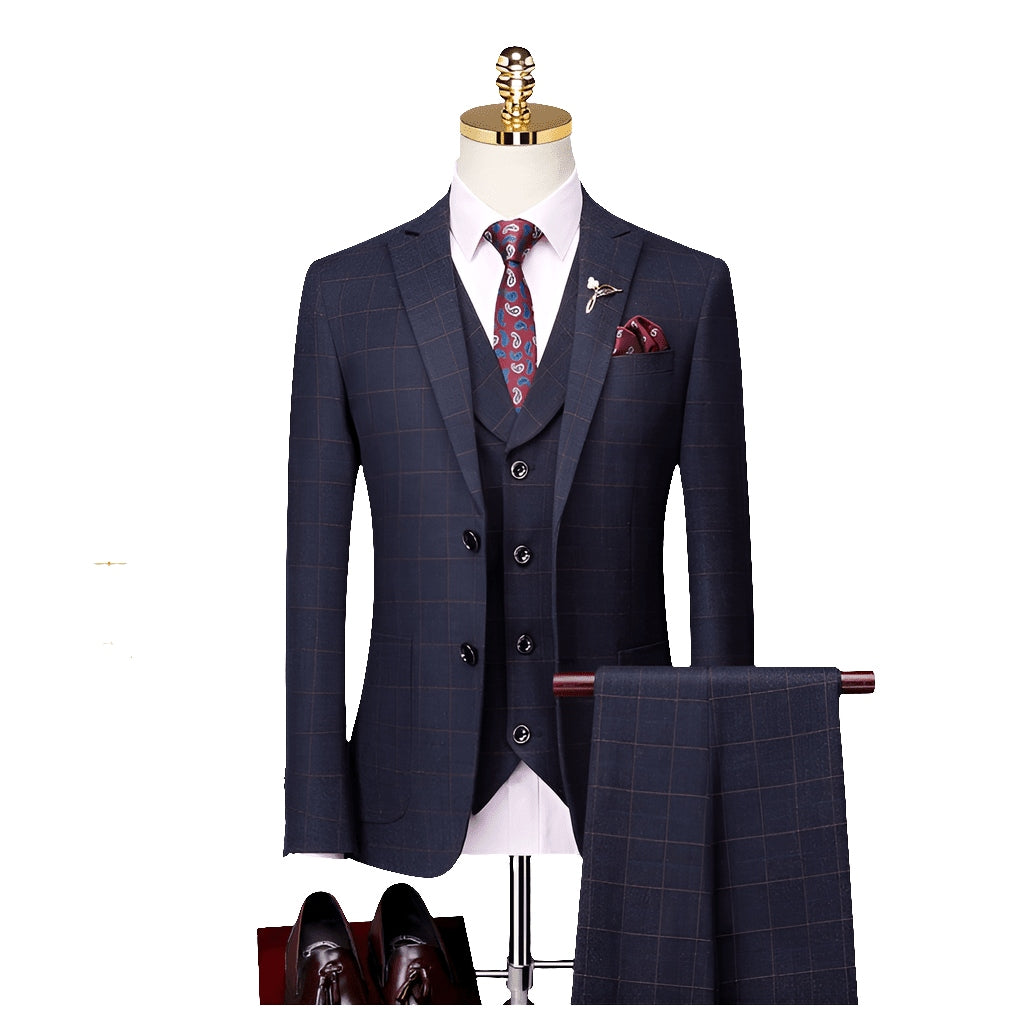 Slim Fit Wedding Casual British Style Gingham Groom Suit for Men