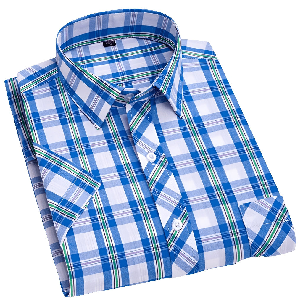 Men's Stylish Cotton Short-Sleeve Casual Button-Up Gingham Dress Shirt