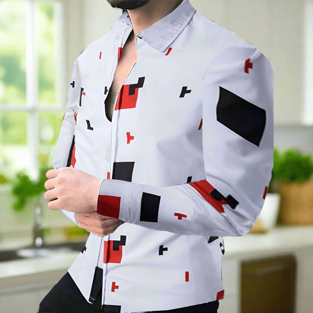 Men's Slim-Fit Long-Sleeved Top, Button-Down Shirt Print Design Outfit