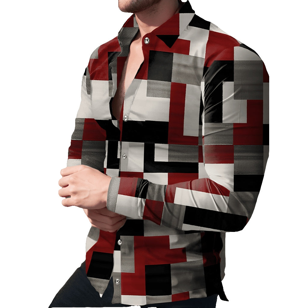 Men's Slim-Fit Long-Sleeved Top, Button-Down Shirt Print Design Outfit