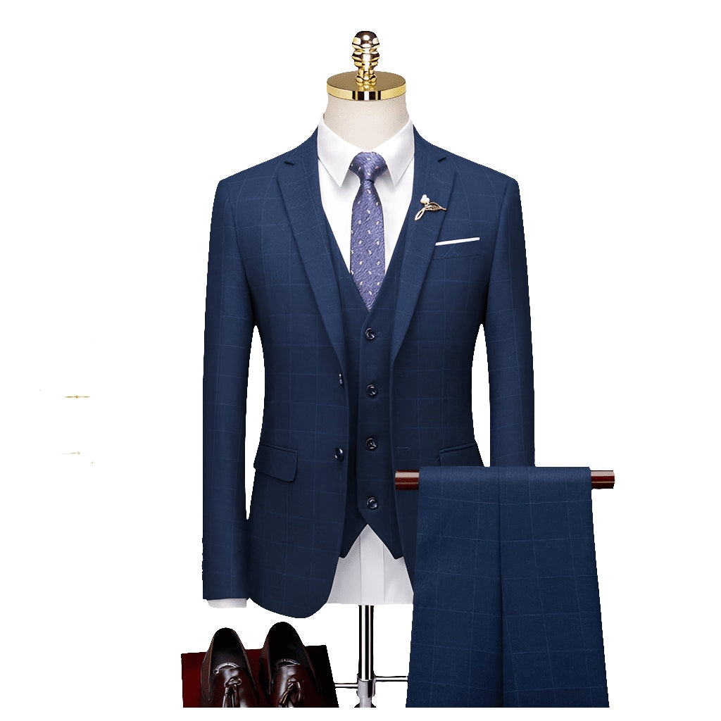 Slim Fit Wedding Casual British Style Gingham Groom Suit for Men