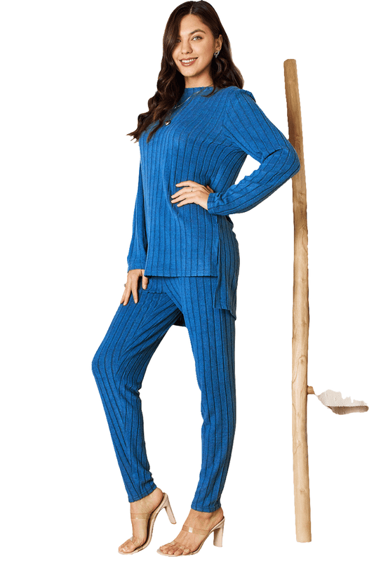 Two-piece Full Size Ribbed Round Neck High-Low Slit Top and Pants Set