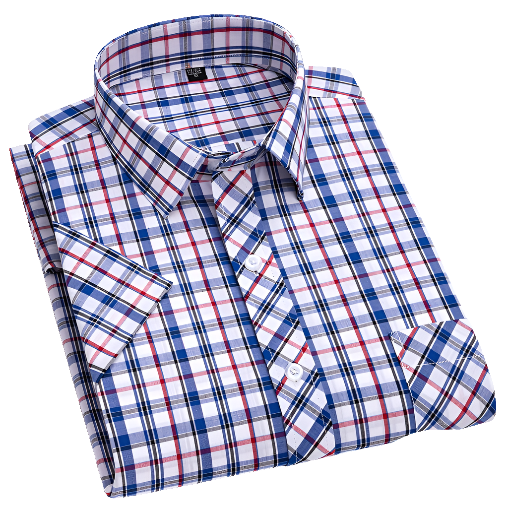 Men Button Up Short Sleeves Casual Cotton Plaid Gingham Dress Shirt