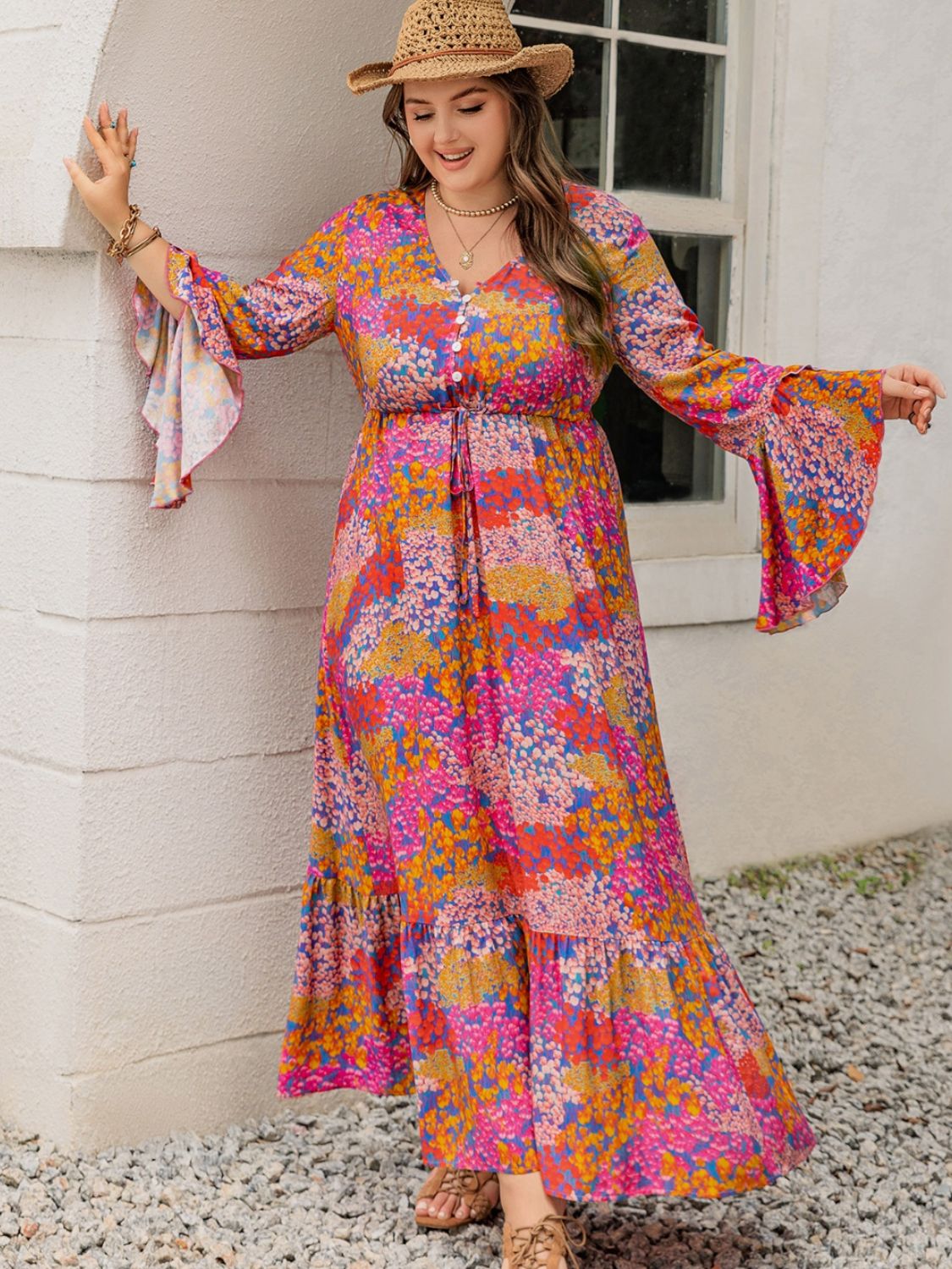 Elegant Women's Plus Size Printed V-Neck Long Sleeve Maxi Dress