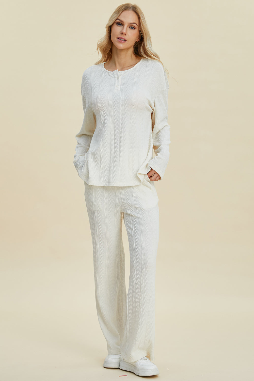 Women Cable-Knit 2 Pieces Outfits Long Sleeve Top and Pants Set