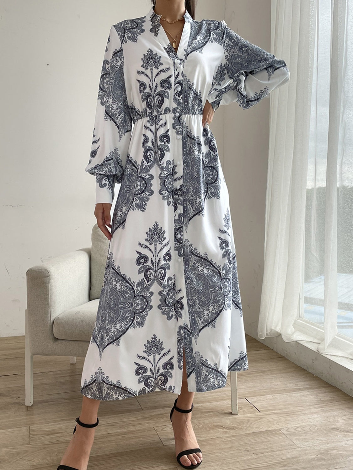 Women Casual Cocktail Printed Notched Lantern Sleeve Midi Dress
