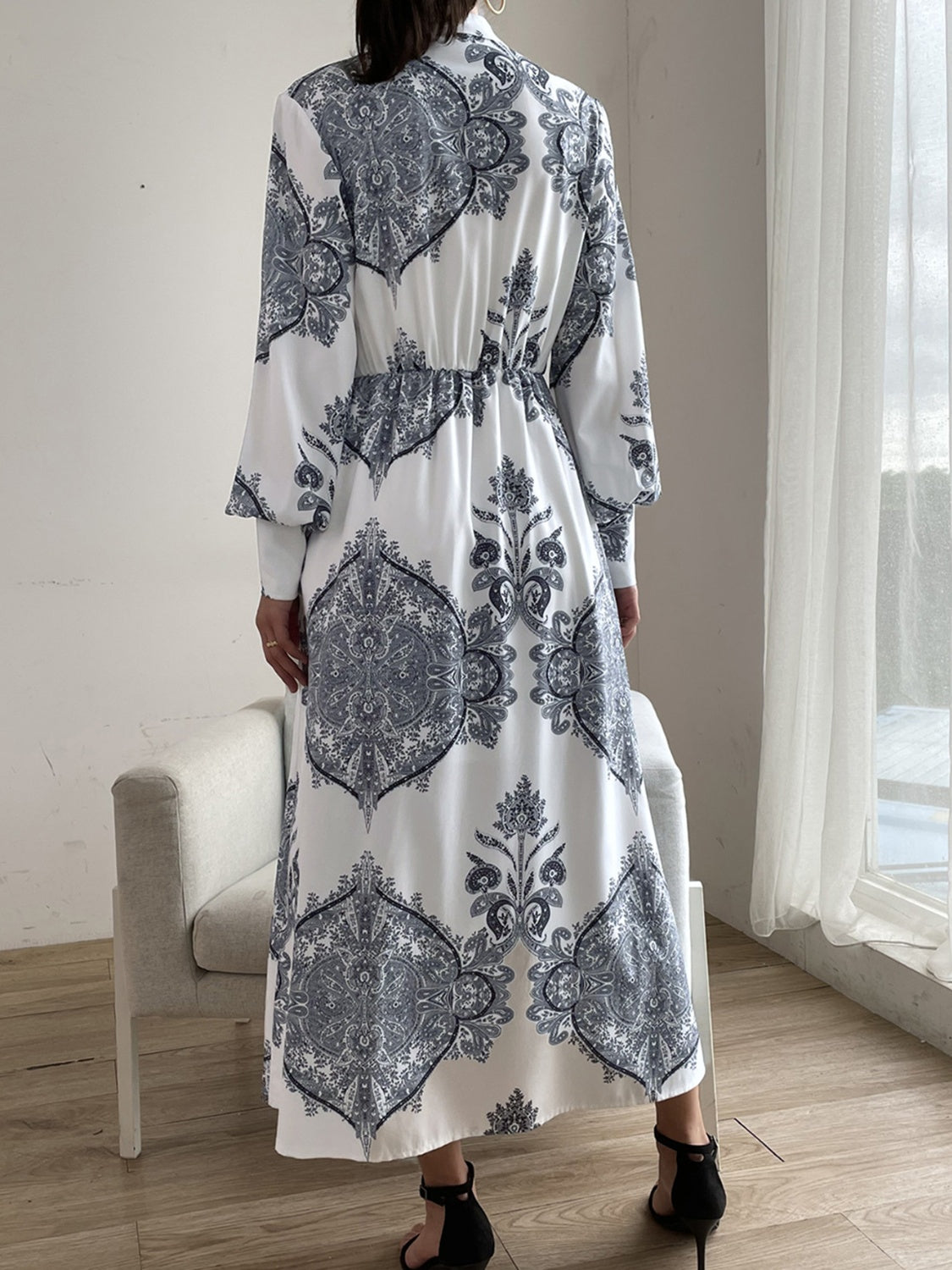 Women Casual Cocktail Printed Notched Lantern Sleeve Midi Dress