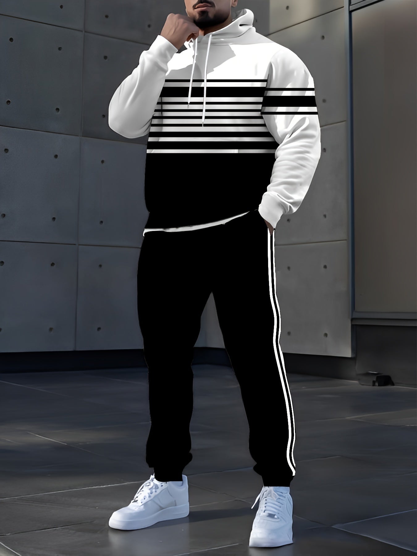 Men's Casual Striped Hoodie and Sweatpants Set, Knit Dress Pullover