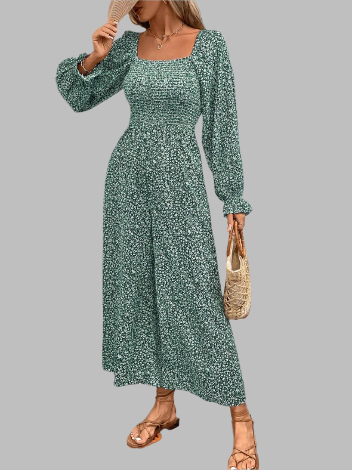 Casual Ladies Smocked Printed Long Sleeve Wide Leg Jumpsuit