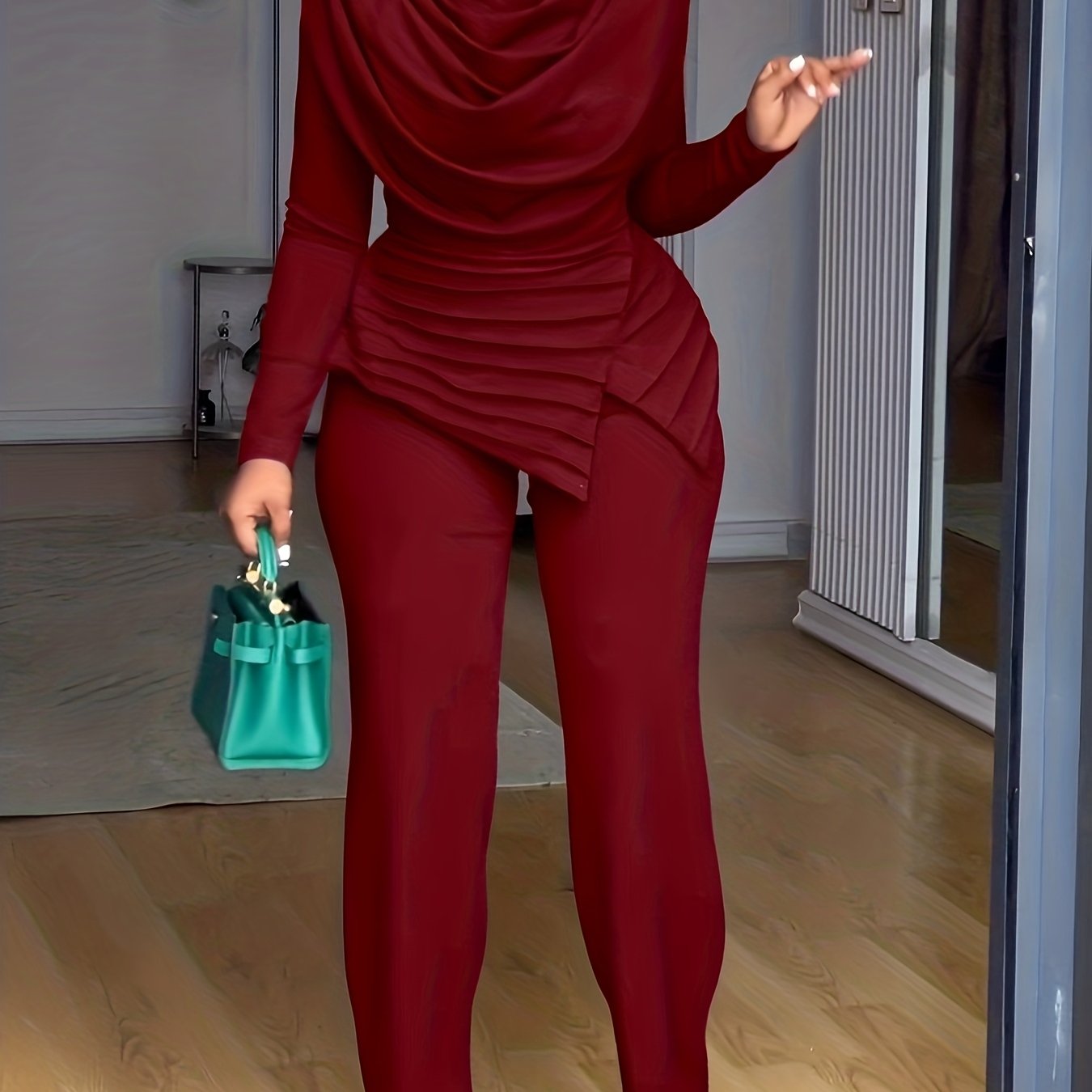 Casual Cinched Waist Zipper Back Straight Leg Jumpsuit with Cowl Neck