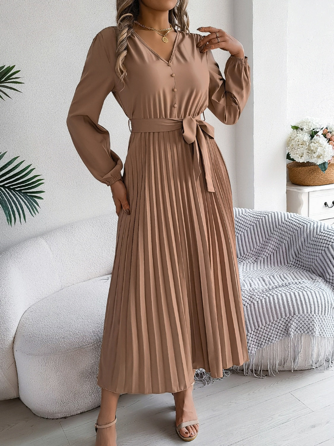Women Pleated Tied V-Neck Long Sleeve Dress