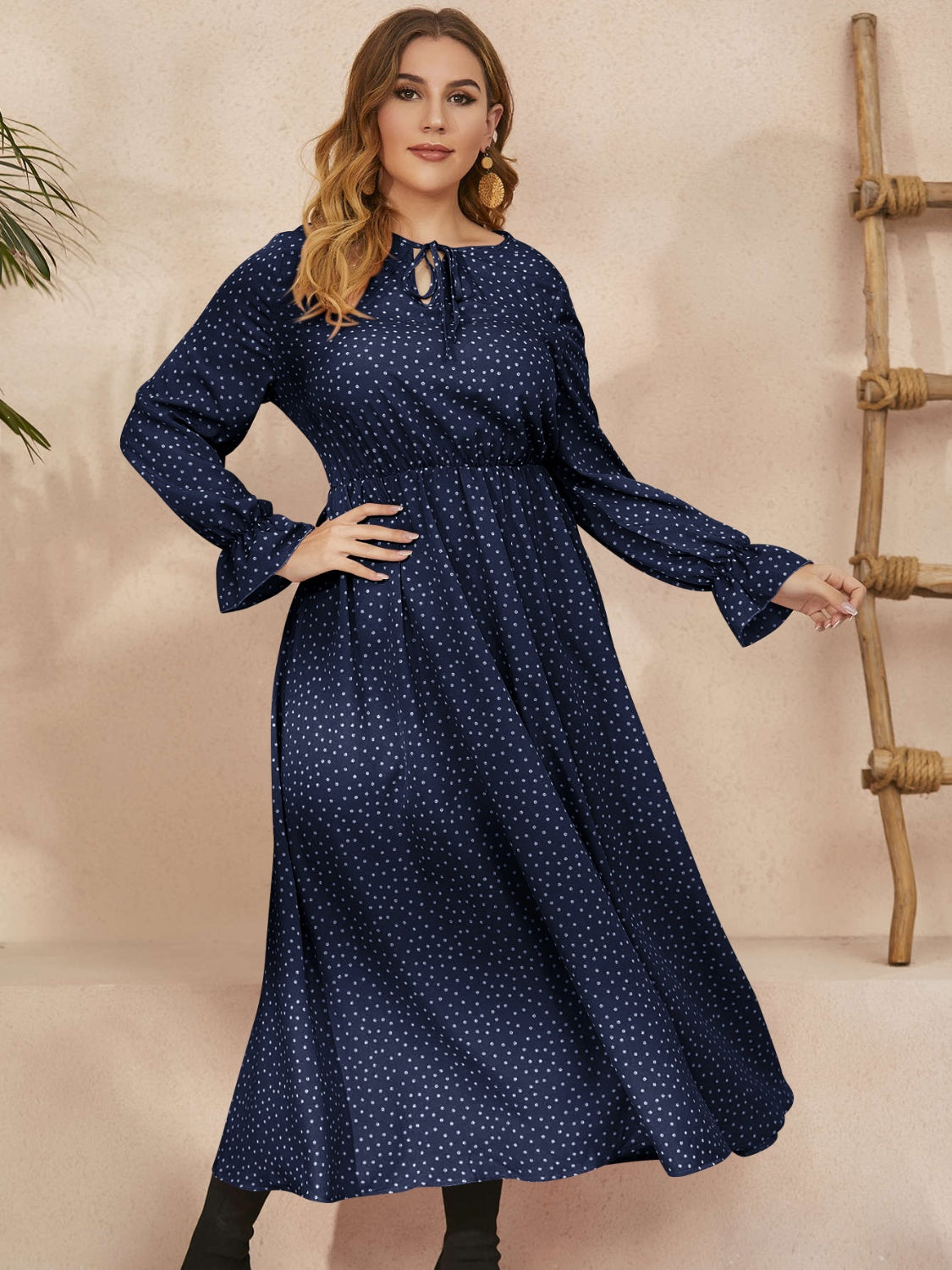 Women Plus Size Ruffled Polka Dot Long Sleeve Midi Dress