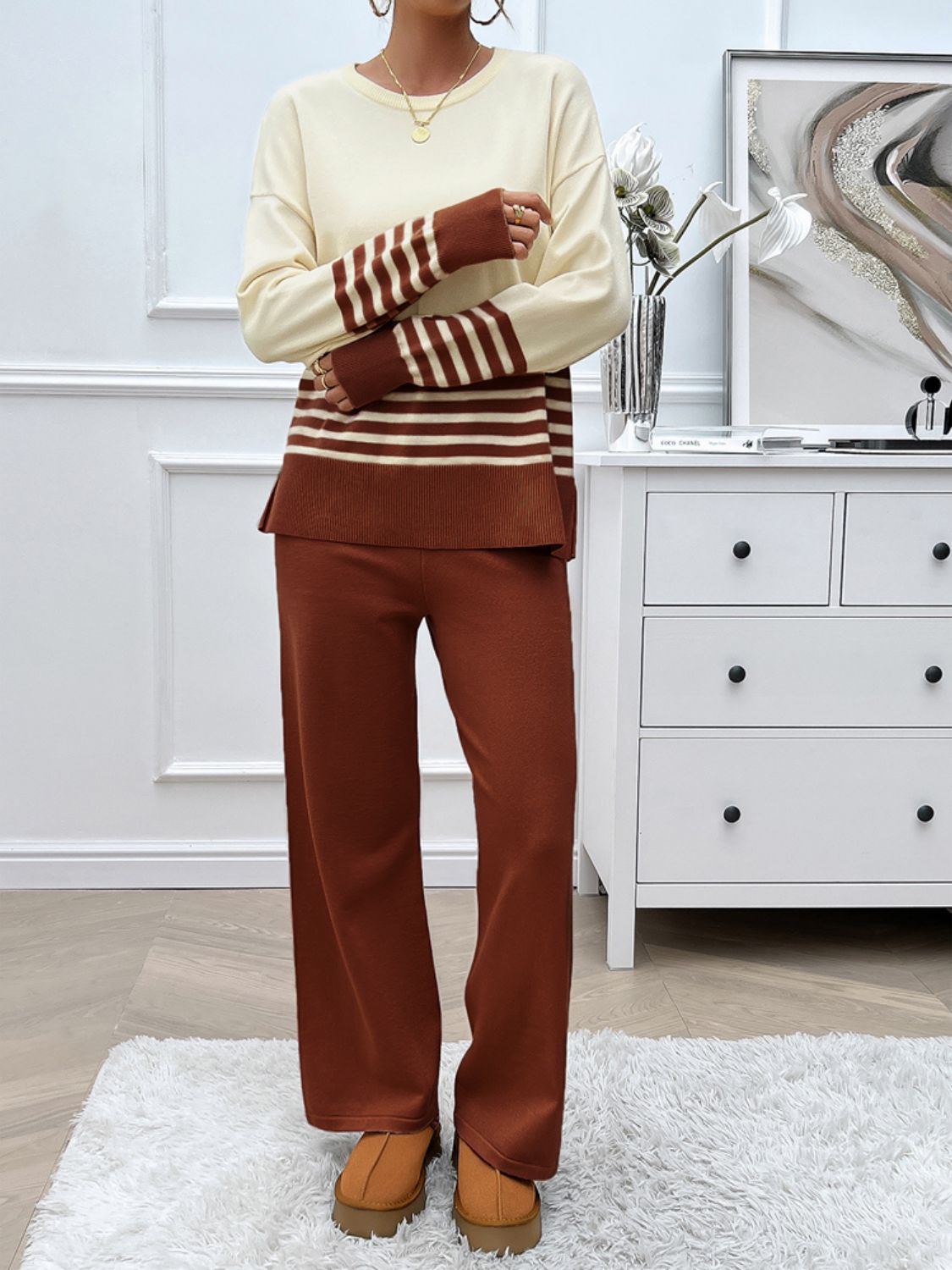 Women Dress Slit Striped Round Neck Top and Pants Sweater Set