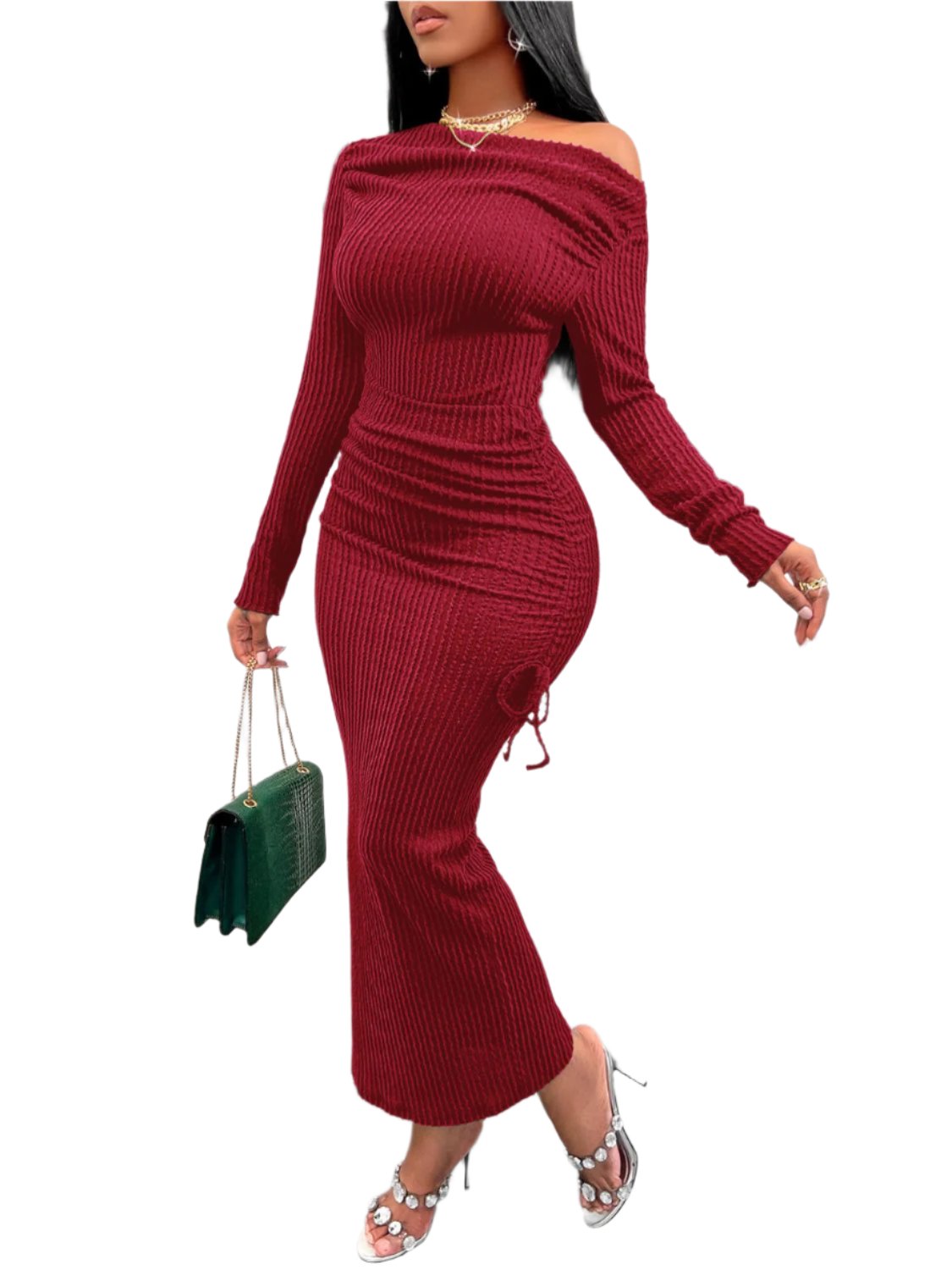 Women's Party Formal Drawstring Textured Long Sleeve Wrap Dress