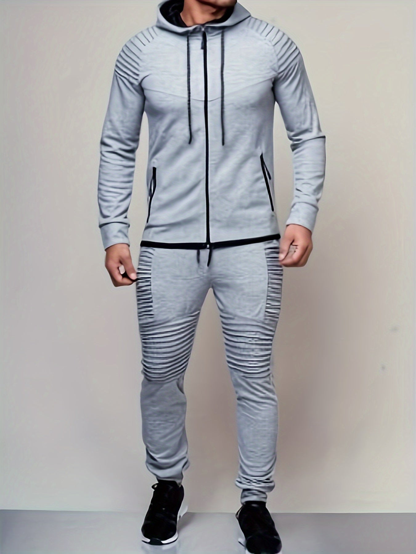 Men Casual Outfit Set, Hoodie Zip Pockets Top, Straps Pants, Sweatsuits