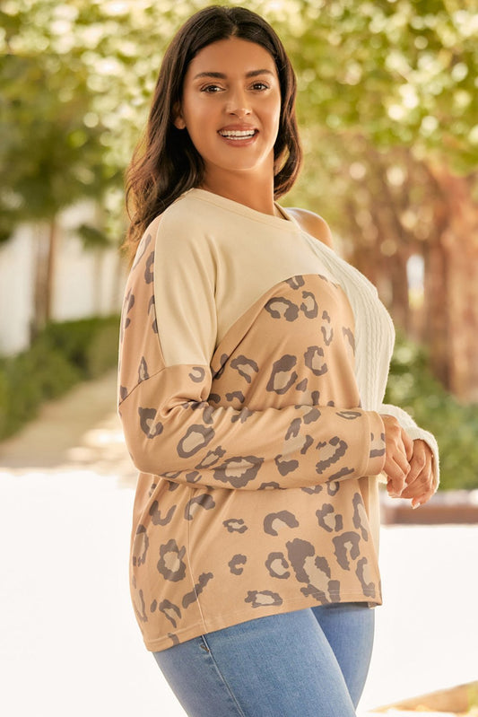 Plus Size Leopard Color Block Long Sleeve T-Shirt for Women