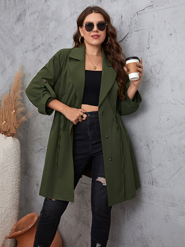 Plus Size Lapel Collar Roll-Tab Sleeve Trench Coat for Women