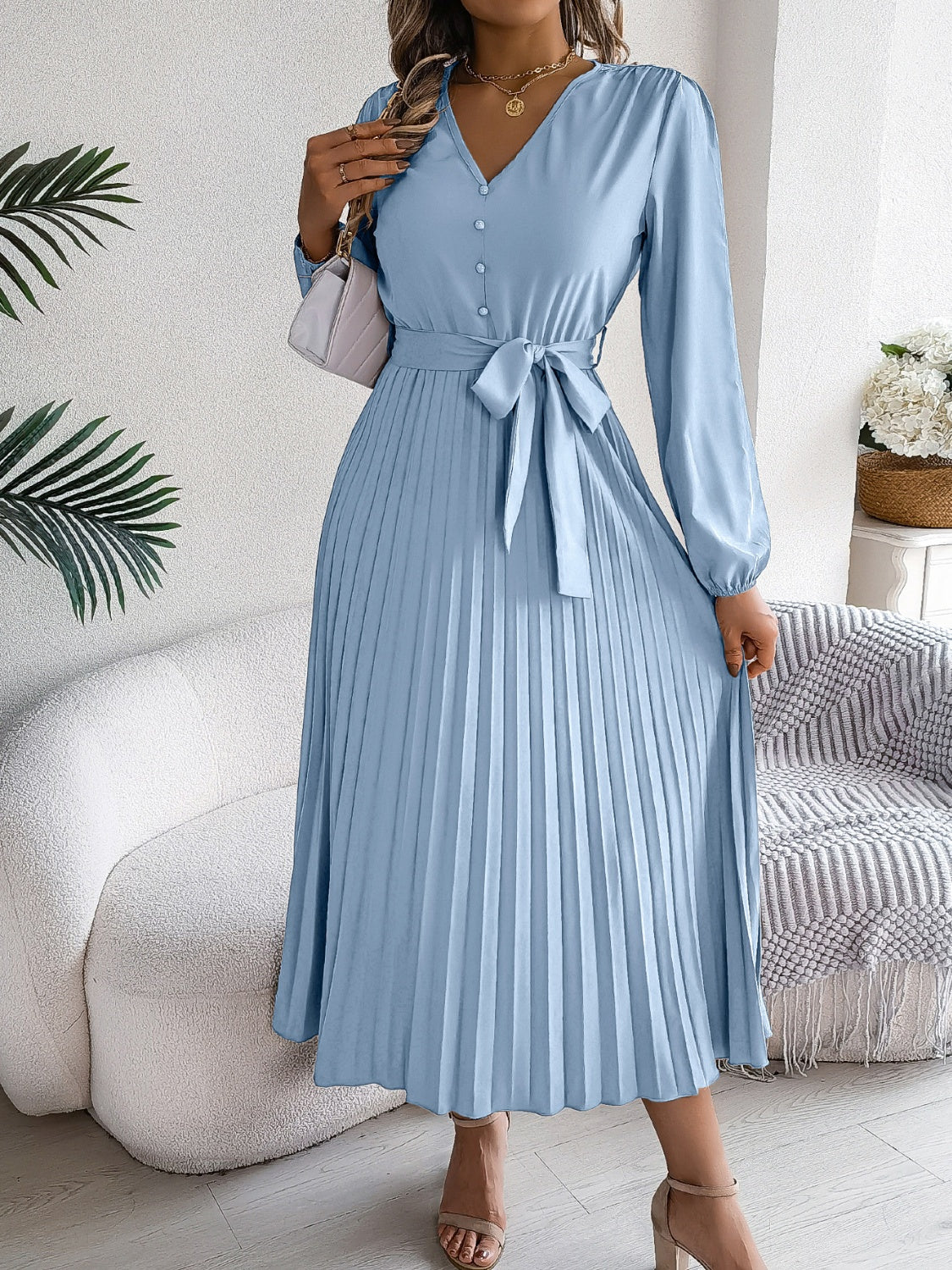 Women Pleated Tied V-Neck Long Sleeve Dress