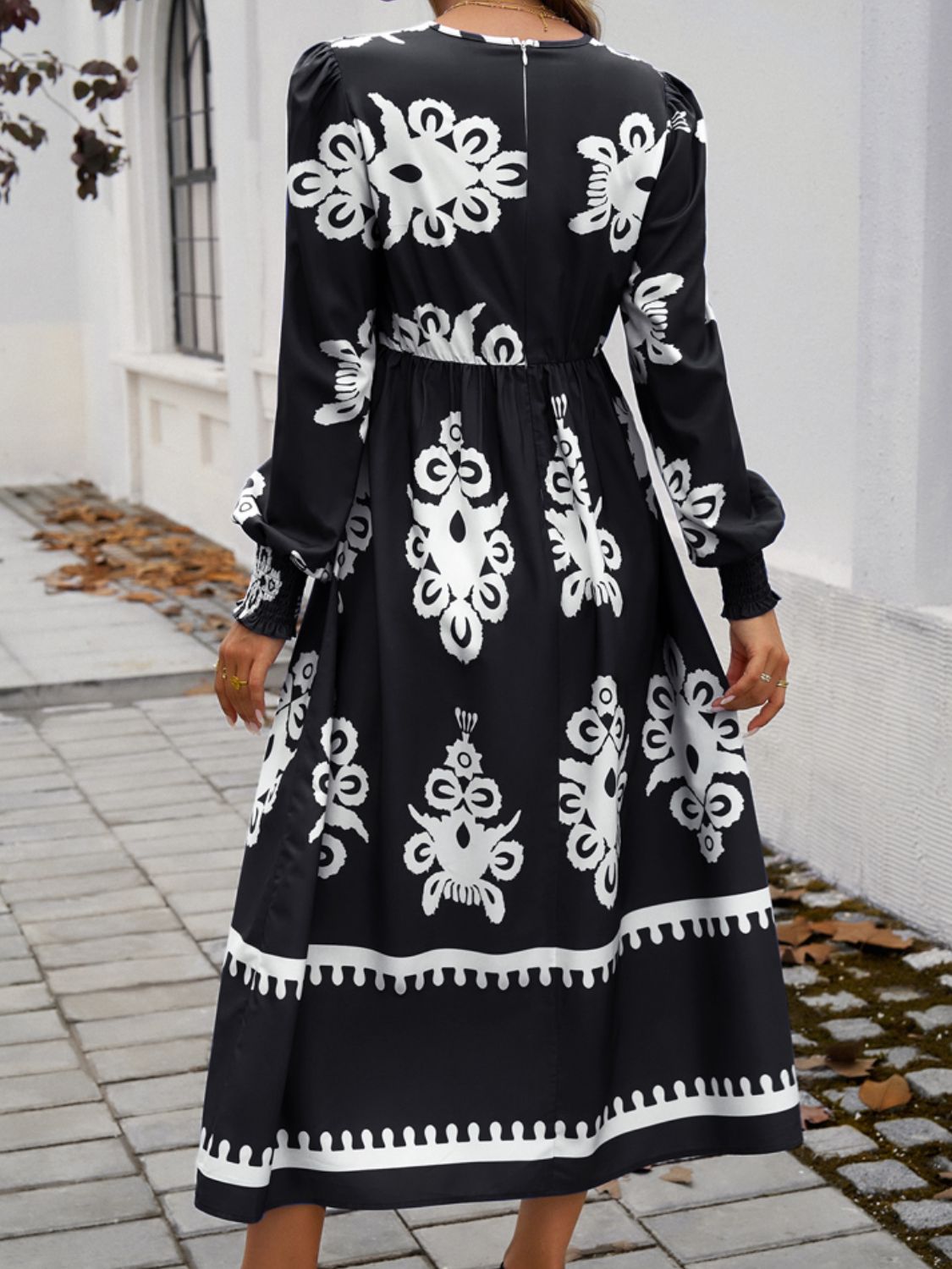 Printed Surplice Lantern Sleeve Midi Dress For Women