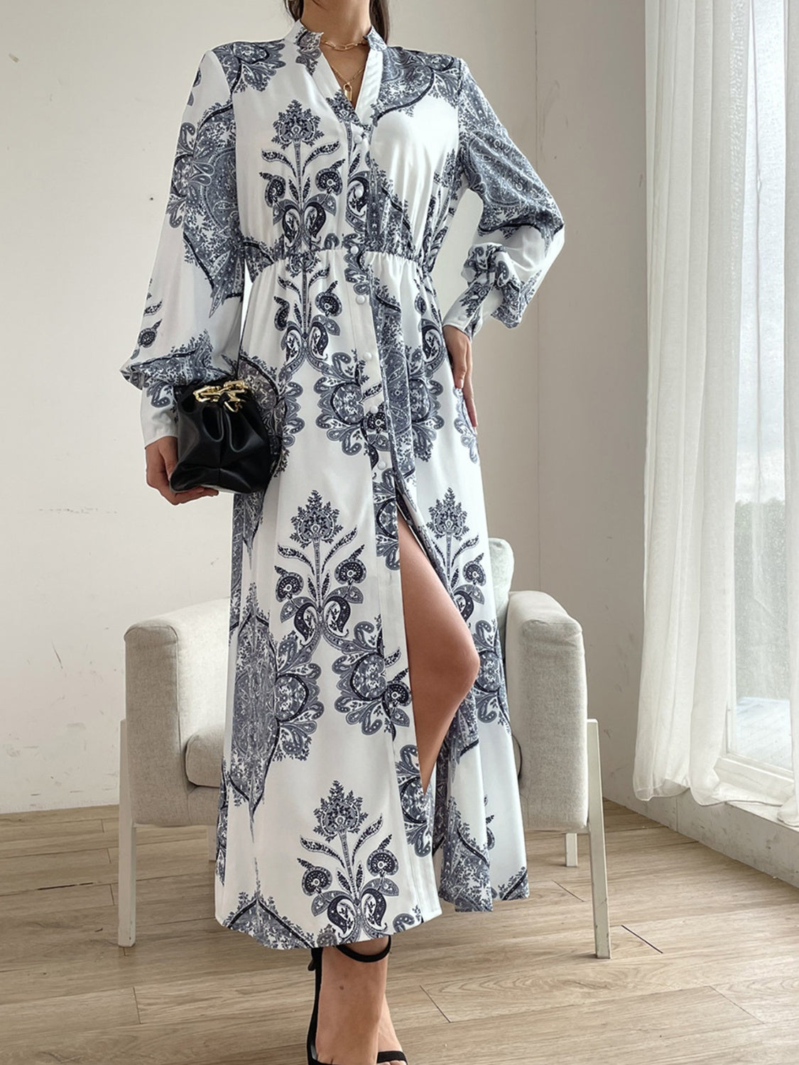 Women Casual Cocktail Printed Notched Lantern Sleeve Midi Dress