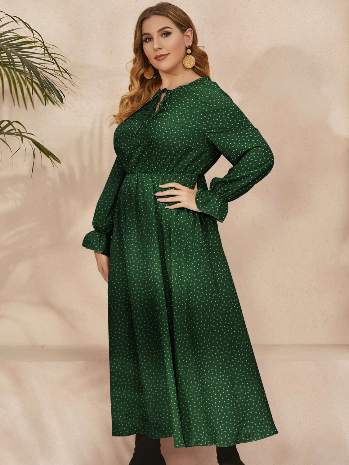 Women Plus Size Ruffled Polka Dot Long Sleeve Midi Dress