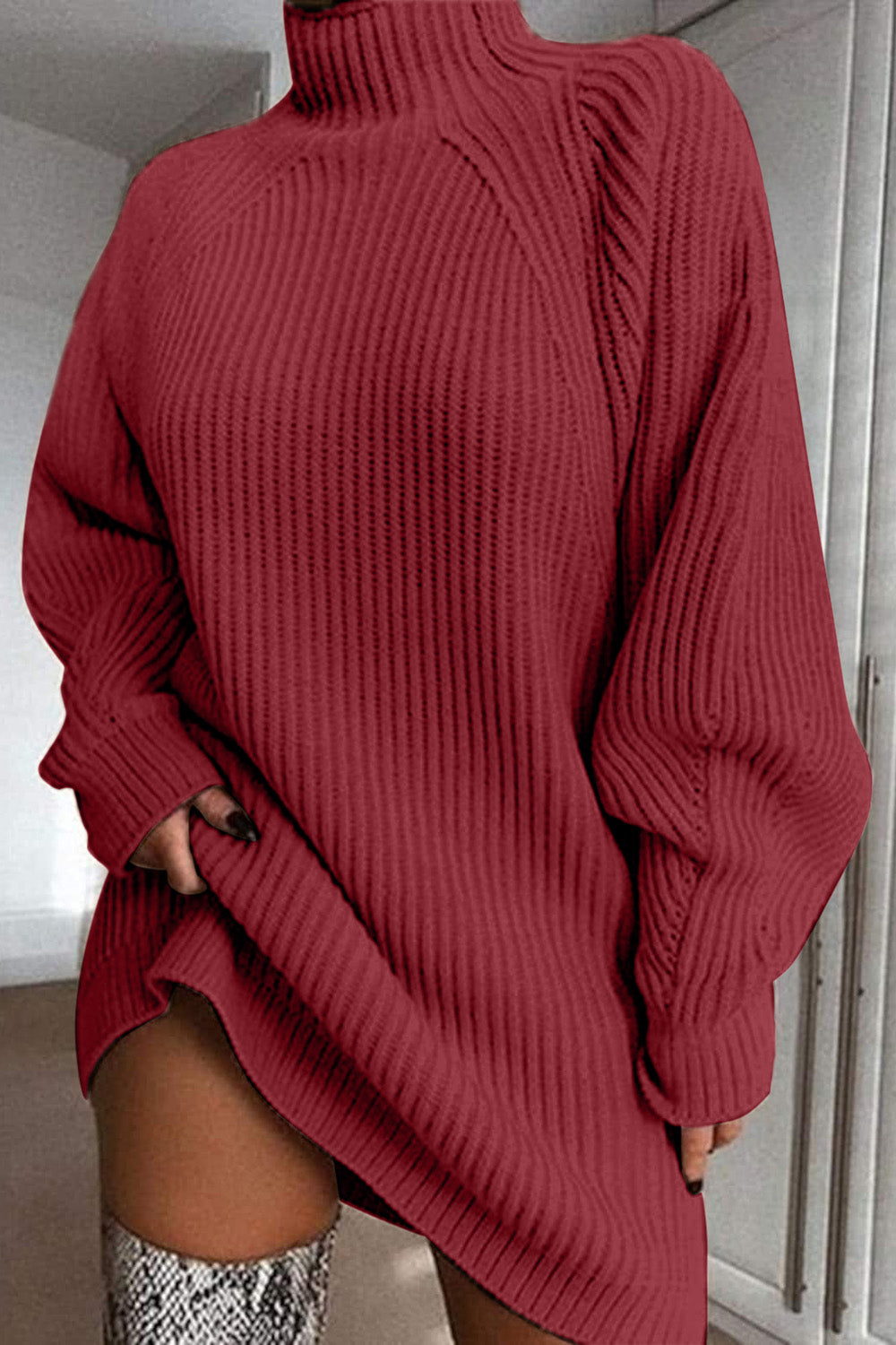 Warm and Fashionable Mock Neck Dropped Shoulder Sweater Dress