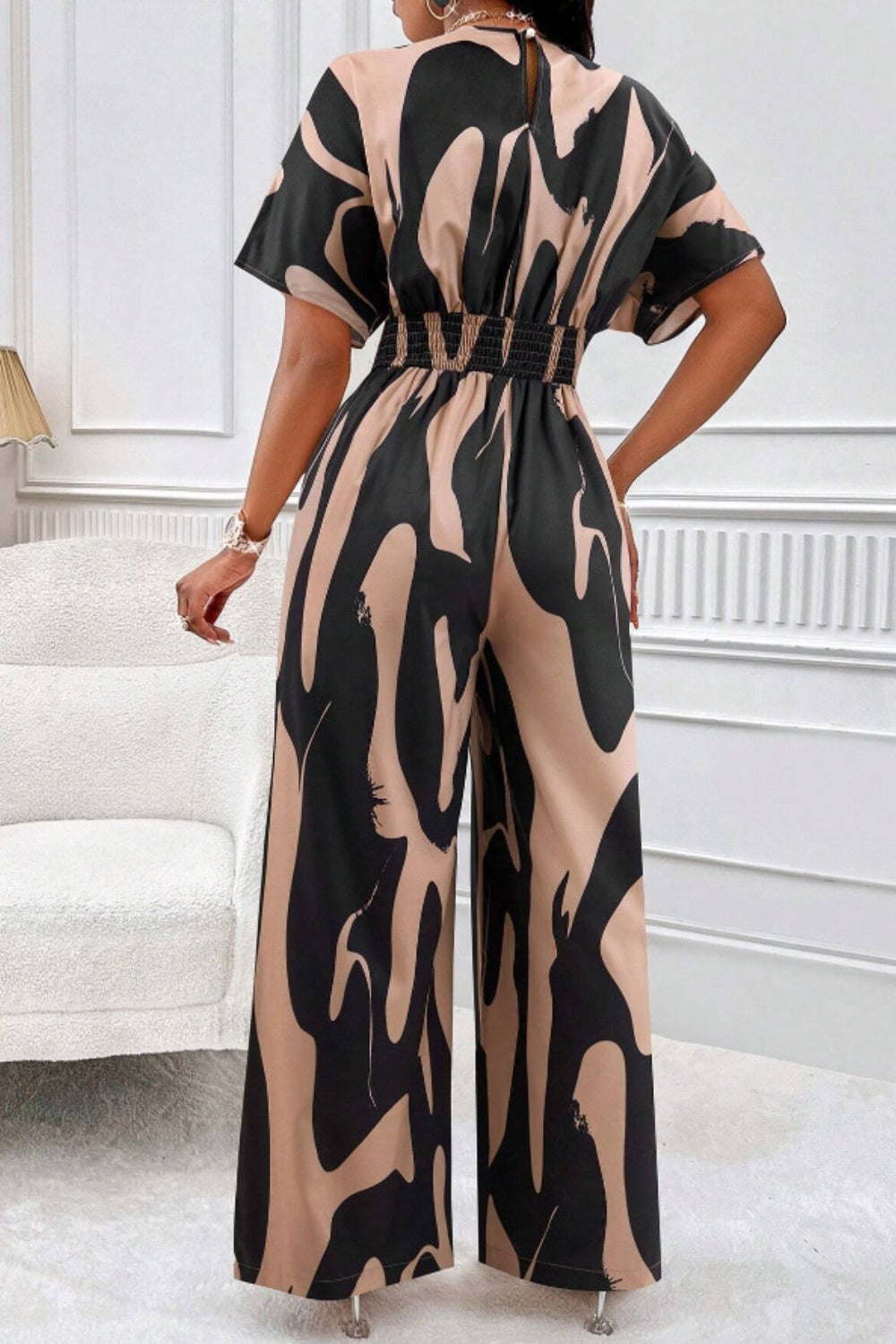 Women Printed V Neck Long Lantern Sleeves Lace Up Wide Leg Jumpsuit