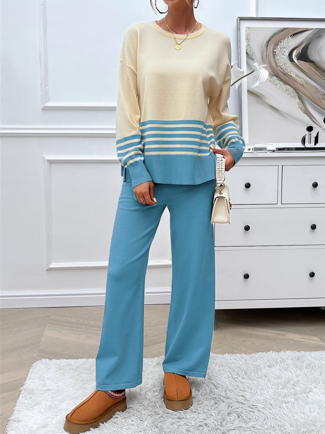 Women Dress Slit Striped Round Neck Top and Pants Sweater Set