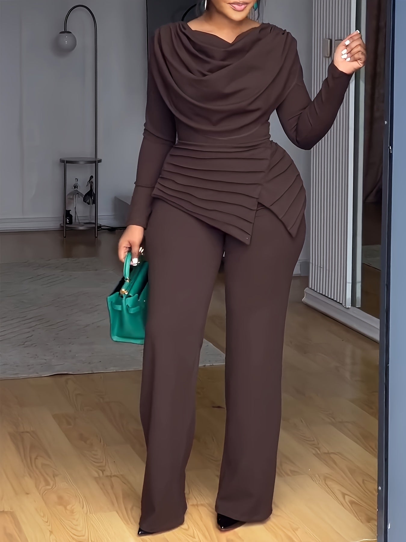 Casual Cinched Waist Zipper Back Straight Leg Jumpsuit with Cowl Neck