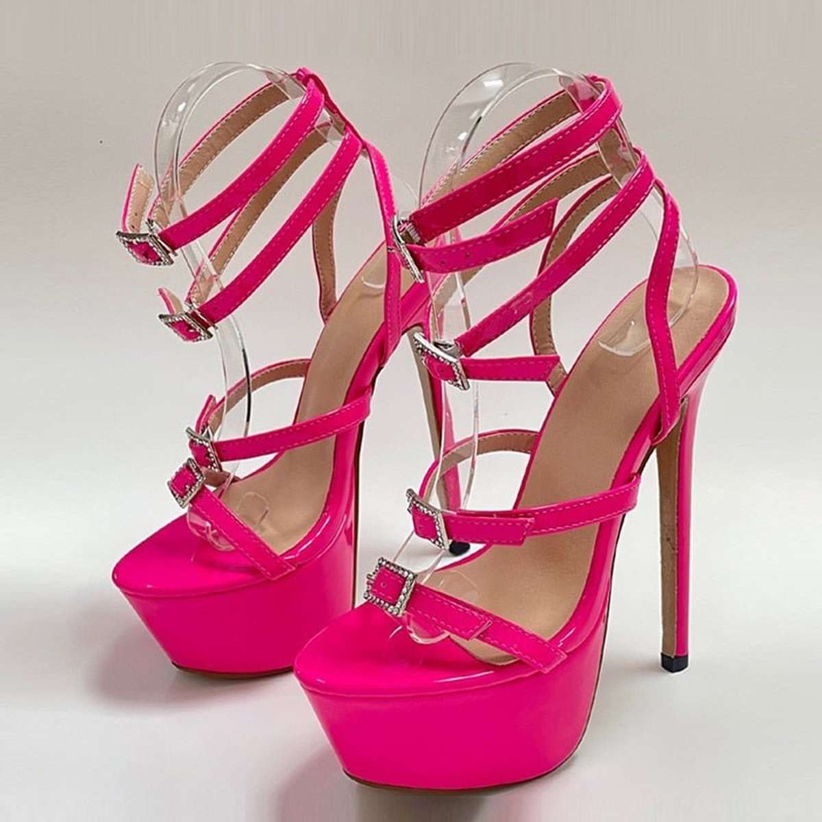 Crystal Buckle Stiletto Platform Sandals with High Heels
