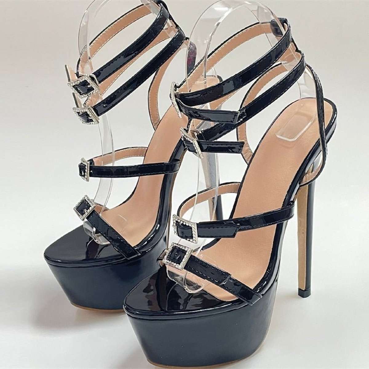 Crystal Buckle Stiletto Platform Sandals with High Heels