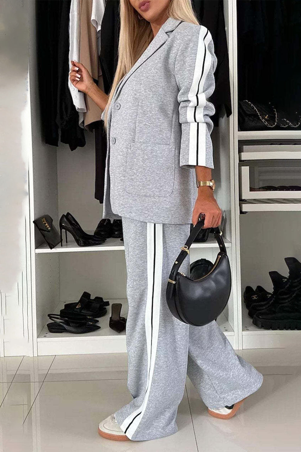 Stylish Elegant Full Size Contrast Lapel Collar Top and Pants Set