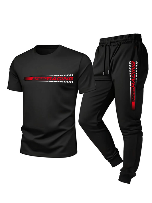 Black t-shirt and black pants with red and white text on a light gray background