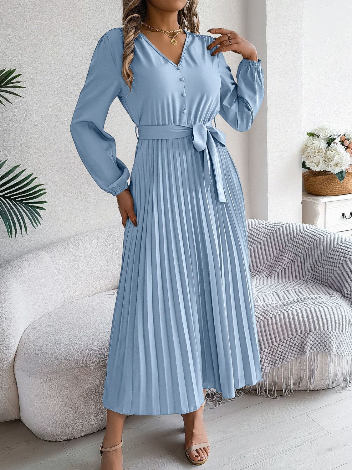 Women Pleated Tied V-Neck Long Sleeve Dress