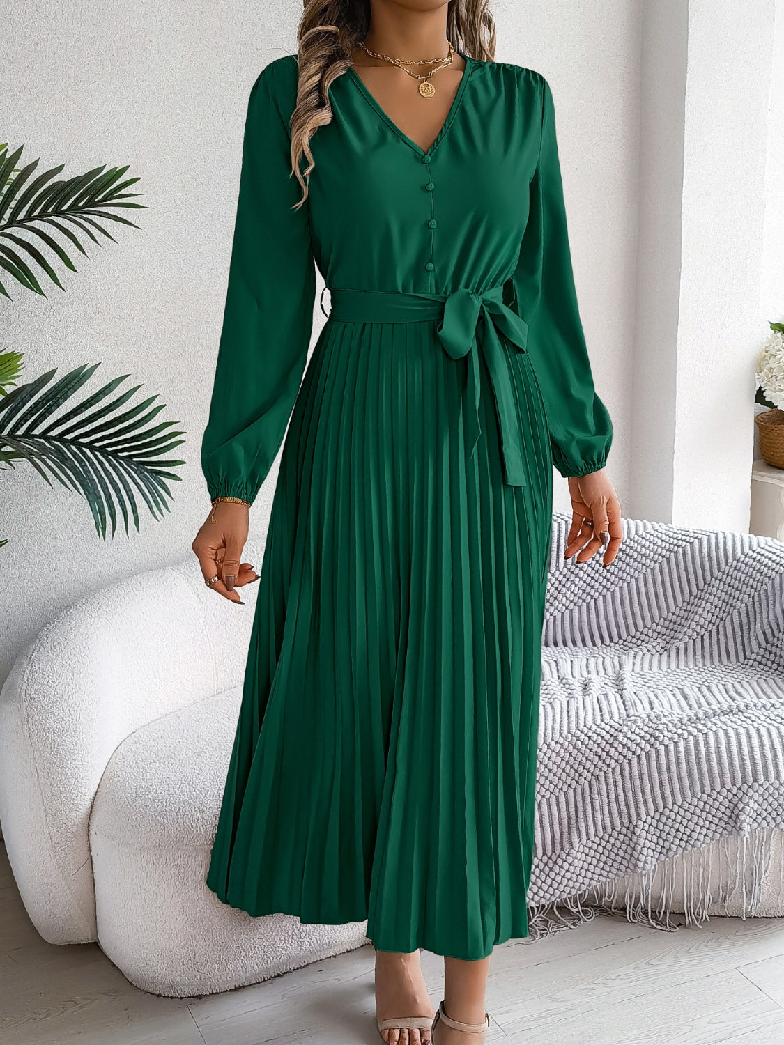 Women Pleated Tied V-Neck Long Sleeve Dress