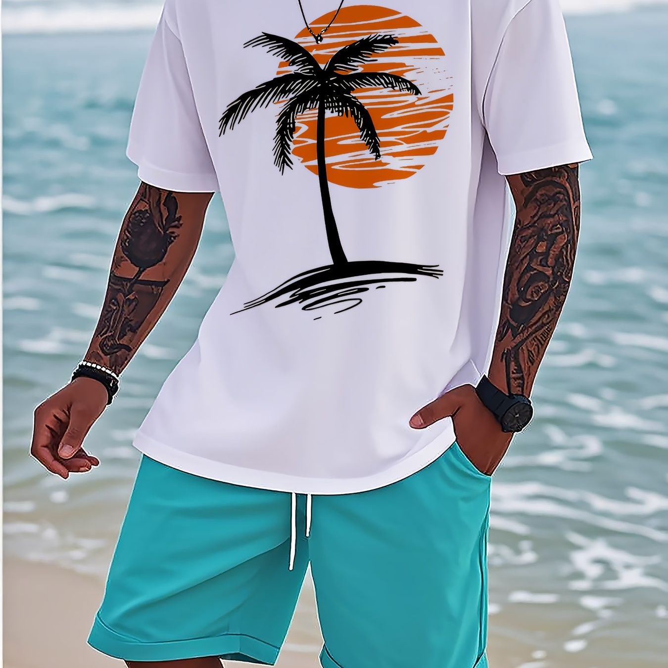 Men's Chic Palm Tree Sunset Graphic T-Shirt and Cozy Casual Tee