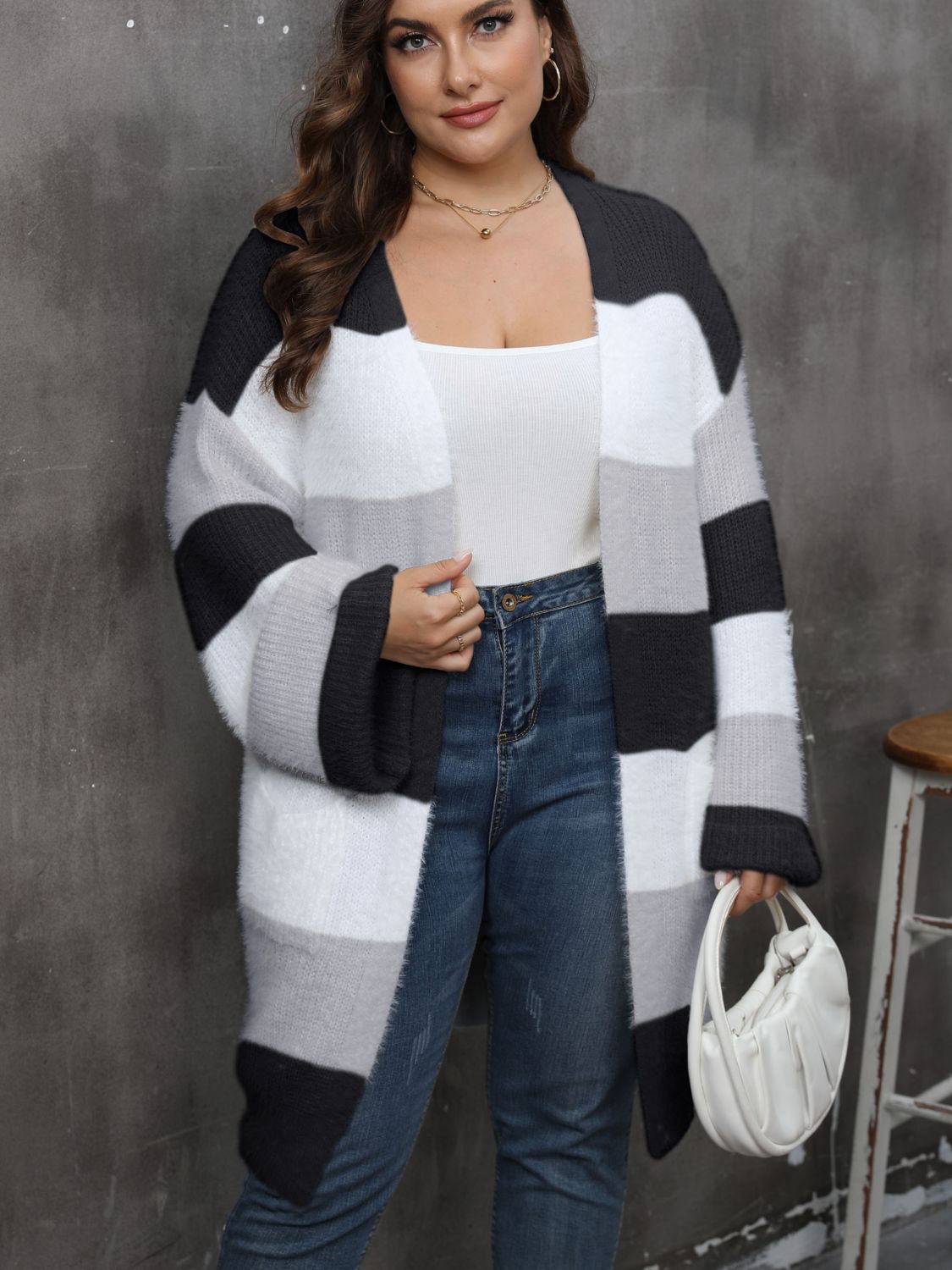 Plus Size Women Clothing Open Front Long Sleeve Cardigan Dress