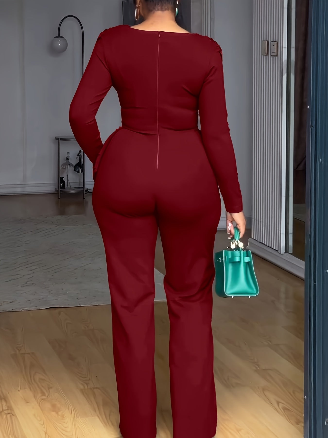 Casual Cinched Waist Zipper Back Straight Leg Jumpsuit with Cowl Neck