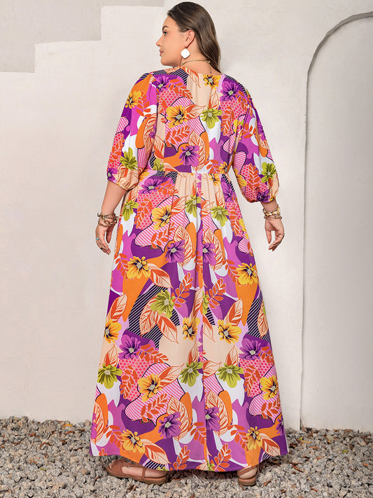 Women's Clothing Plus Size Printed Tie Neck Maxi Dress