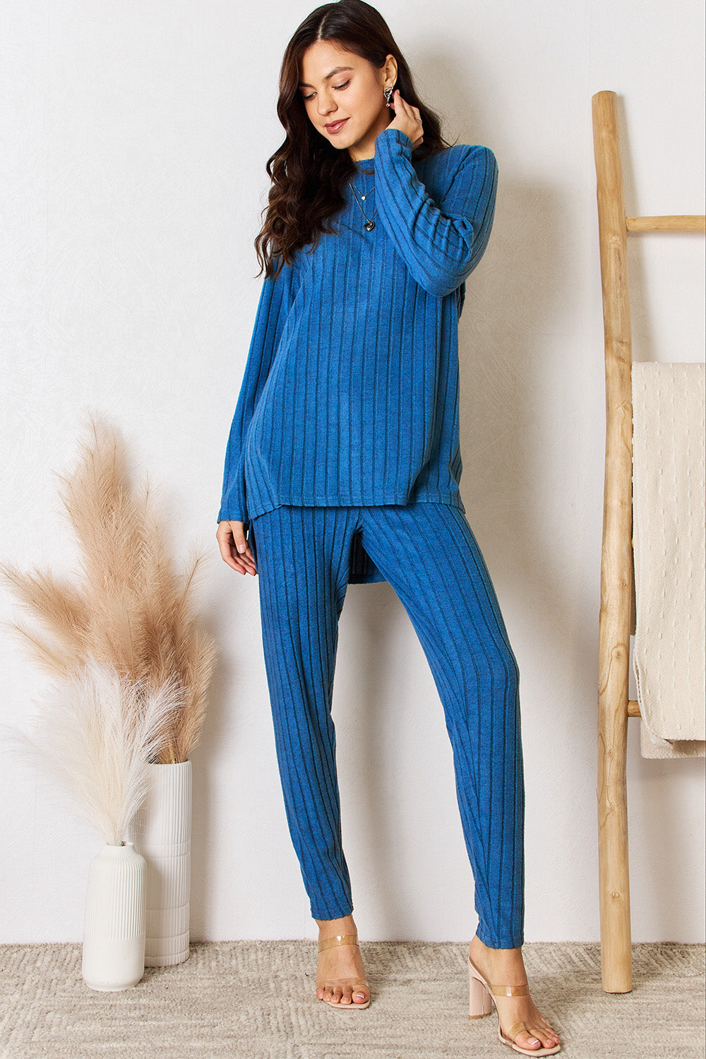 Two-piece Full Size Ribbed Round Neck High-Low Slit Top and Pants Set