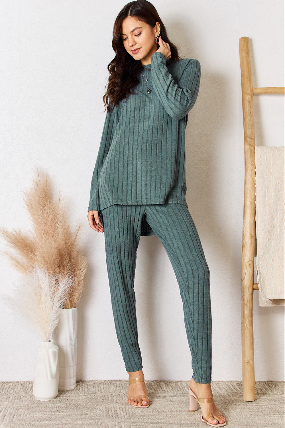 Two-piece Full Size Ribbed Round Neck High-Low Slit Top and Pants Set