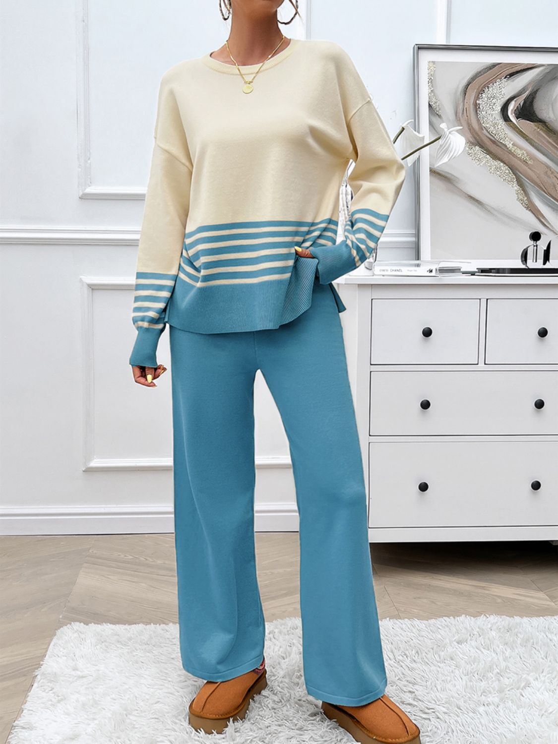 Women Dress Slit Striped Round Neck Top and Pants Sweater Set
