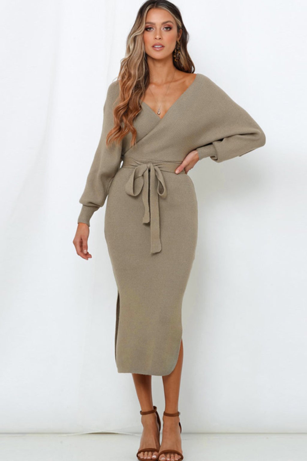 Surplice Neck Bow Waist Slit Sweater Dress for Women