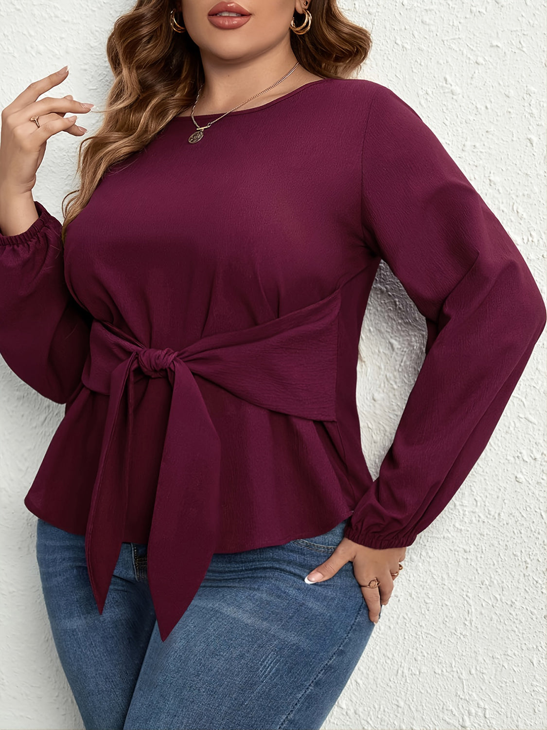 Plus Size Tie Front Long Sleeve Women's Blouse Clothing Dress