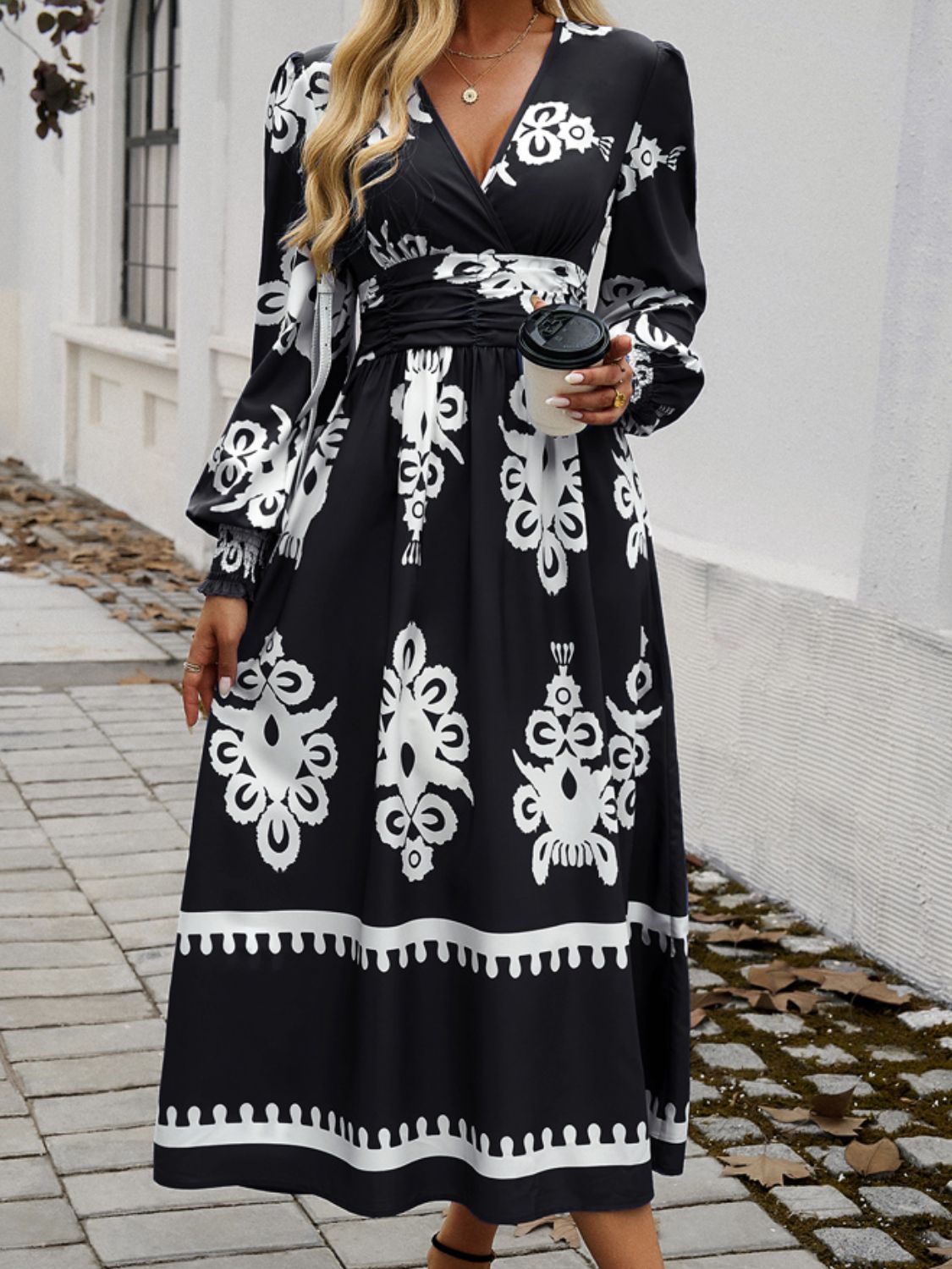 Printed Surplice Lantern Sleeve Midi Dress For Women
