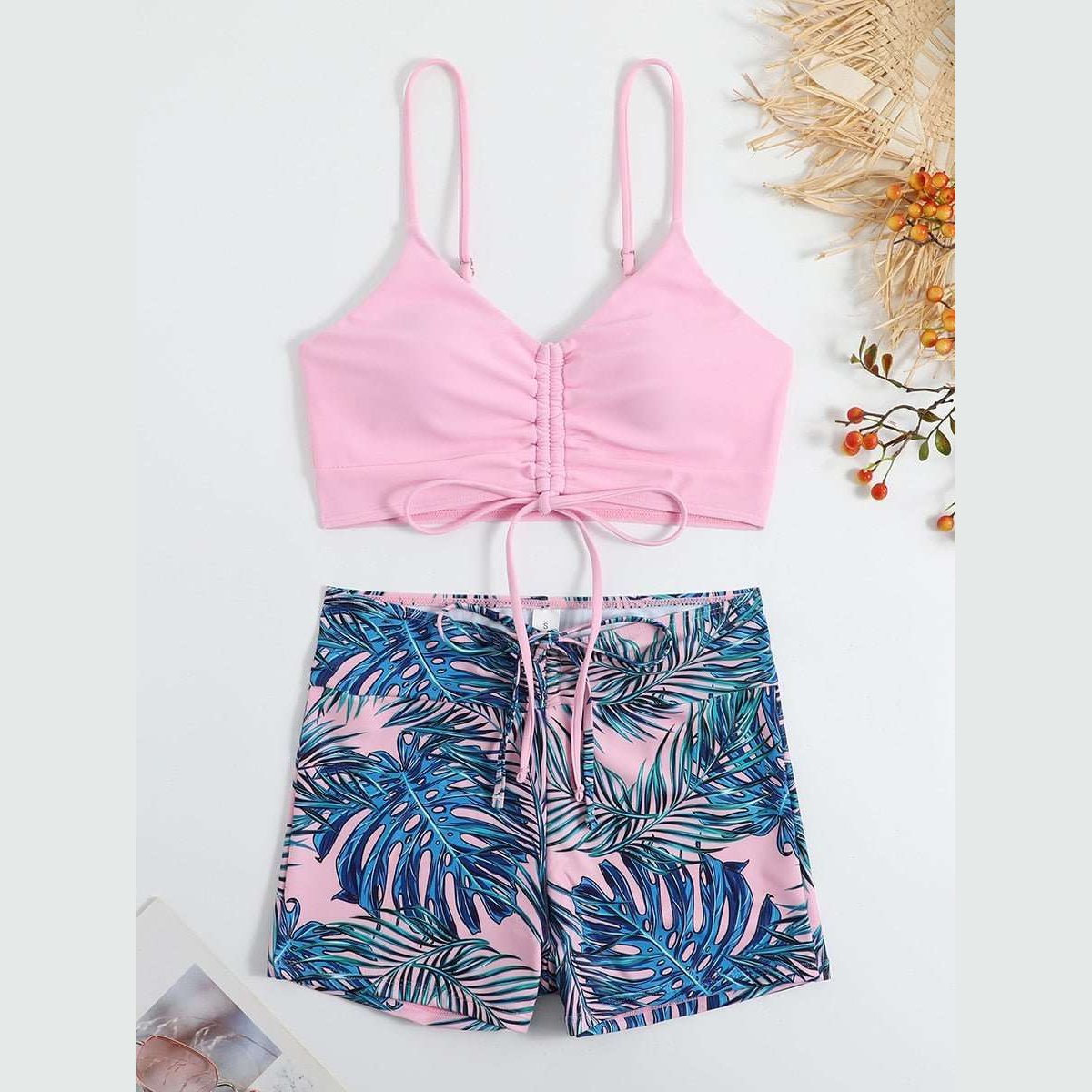 Bikini Women High Waist Swimsuit Tie Front Shorts Swimwear