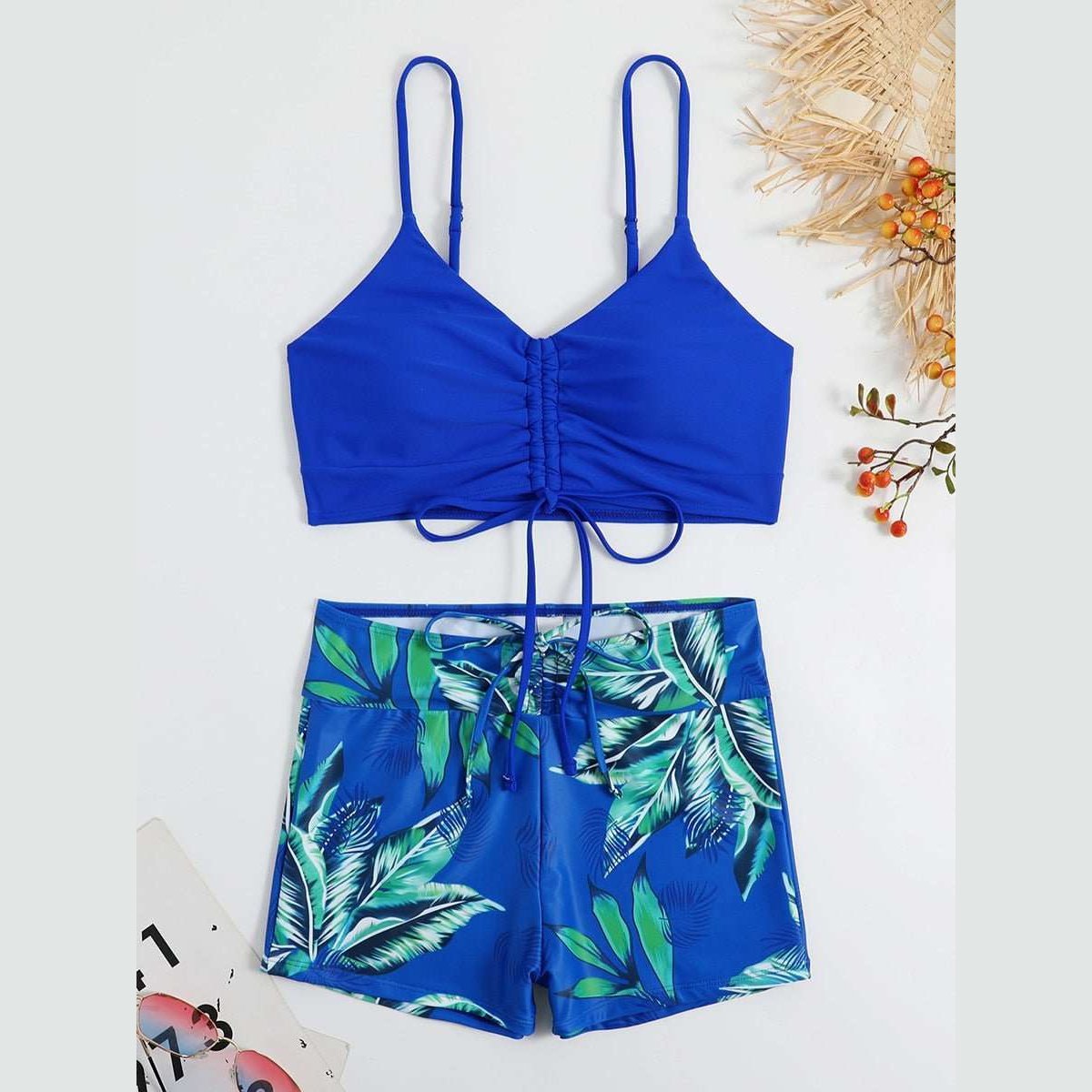 Bikini Women High Waist Swimsuit Tie Front Shorts Swimwear