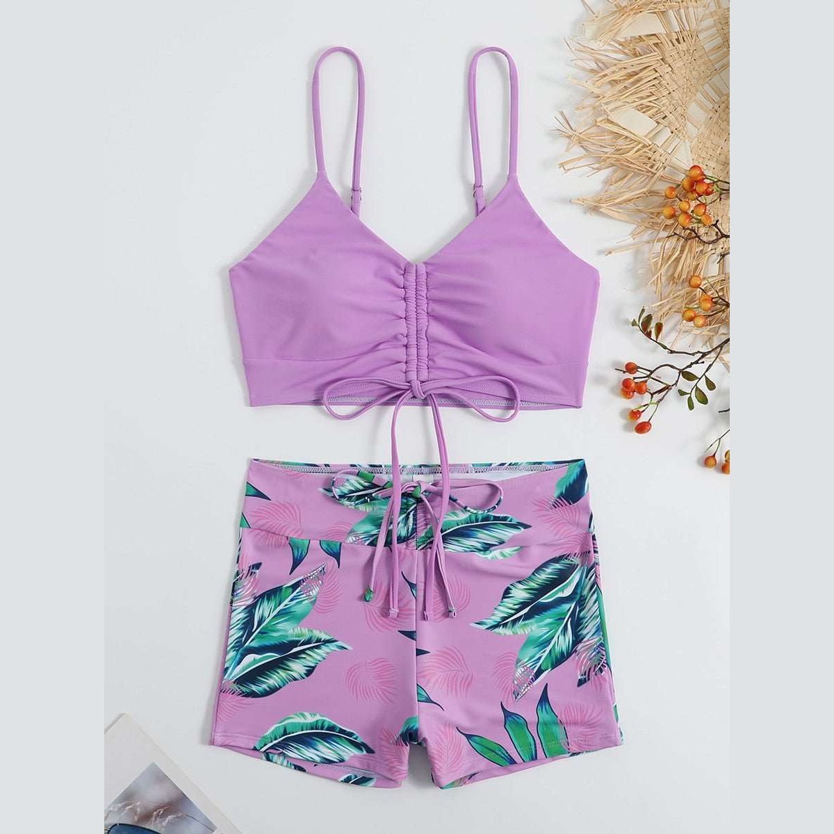 Bikini Women High Waist Swimsuit Tie Front Shorts Swimwear