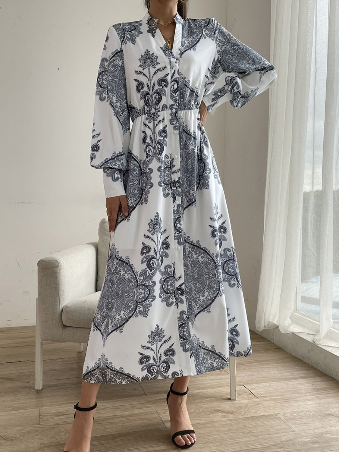 Women Casual Cocktail Printed Notched Lantern Sleeve Midi Dress